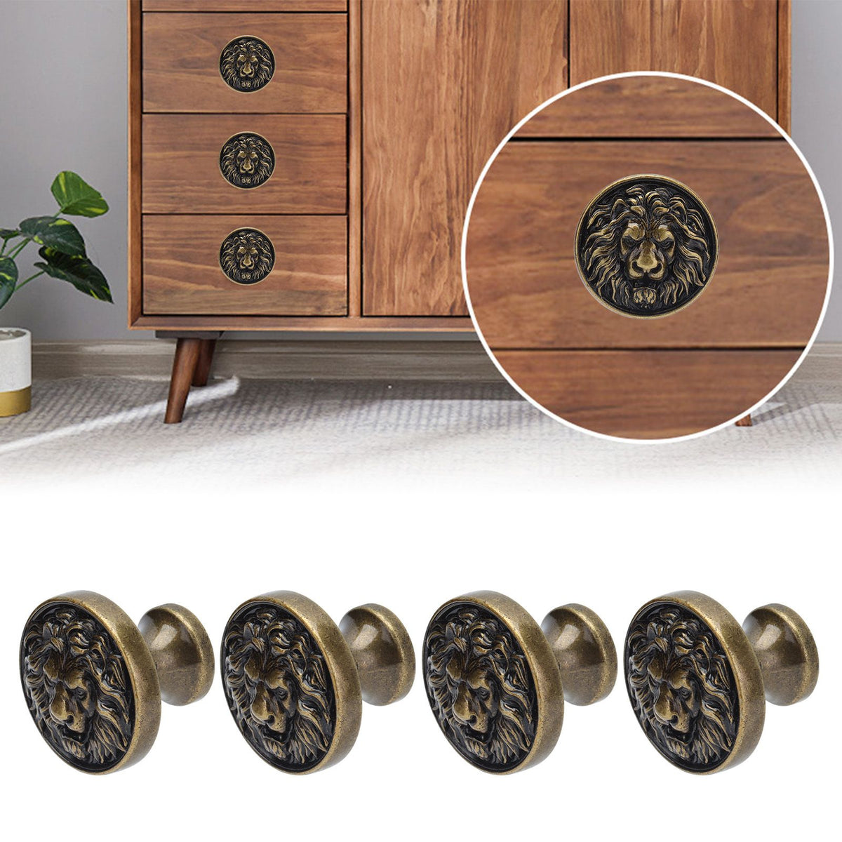 4Set Lion Head Zinc Alloy Cabinet Door Handle Modern Antique Cartoon Solid Drawer Pull Circular Single Hole Buckle Hand399 Lion Head Bronze