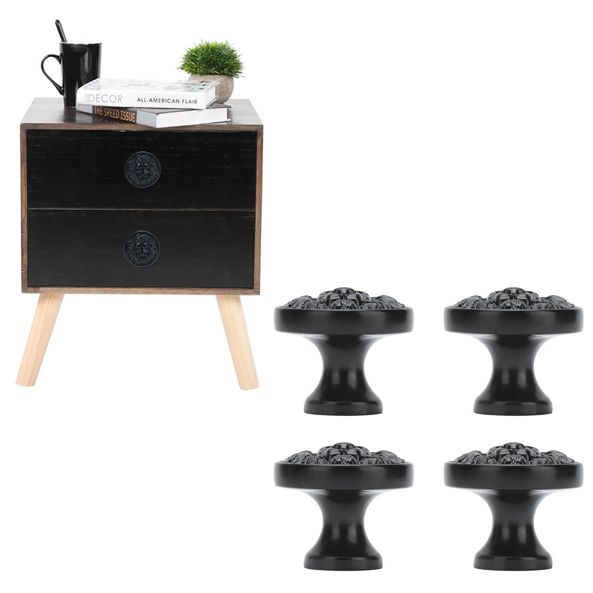 4Set Lion Head Zinc Alloy Cabinet Door Handle Modern Antique Cartoon Solid Drawer Pull Circular Single Hole Buckle Hand399 Lion Head Black