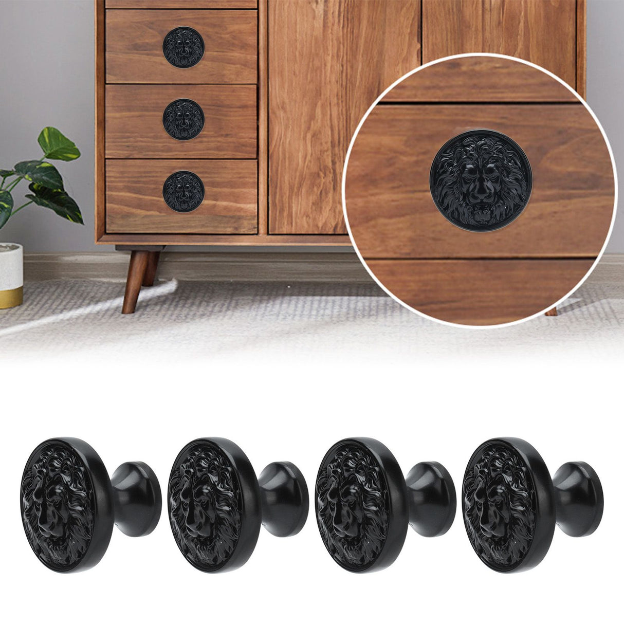 4Set Lion Head Zinc Alloy Cabinet Door Handle Modern Antique Cartoon Solid Drawer Pull Circular Single Hole Buckle Hand399 Lion Head Black