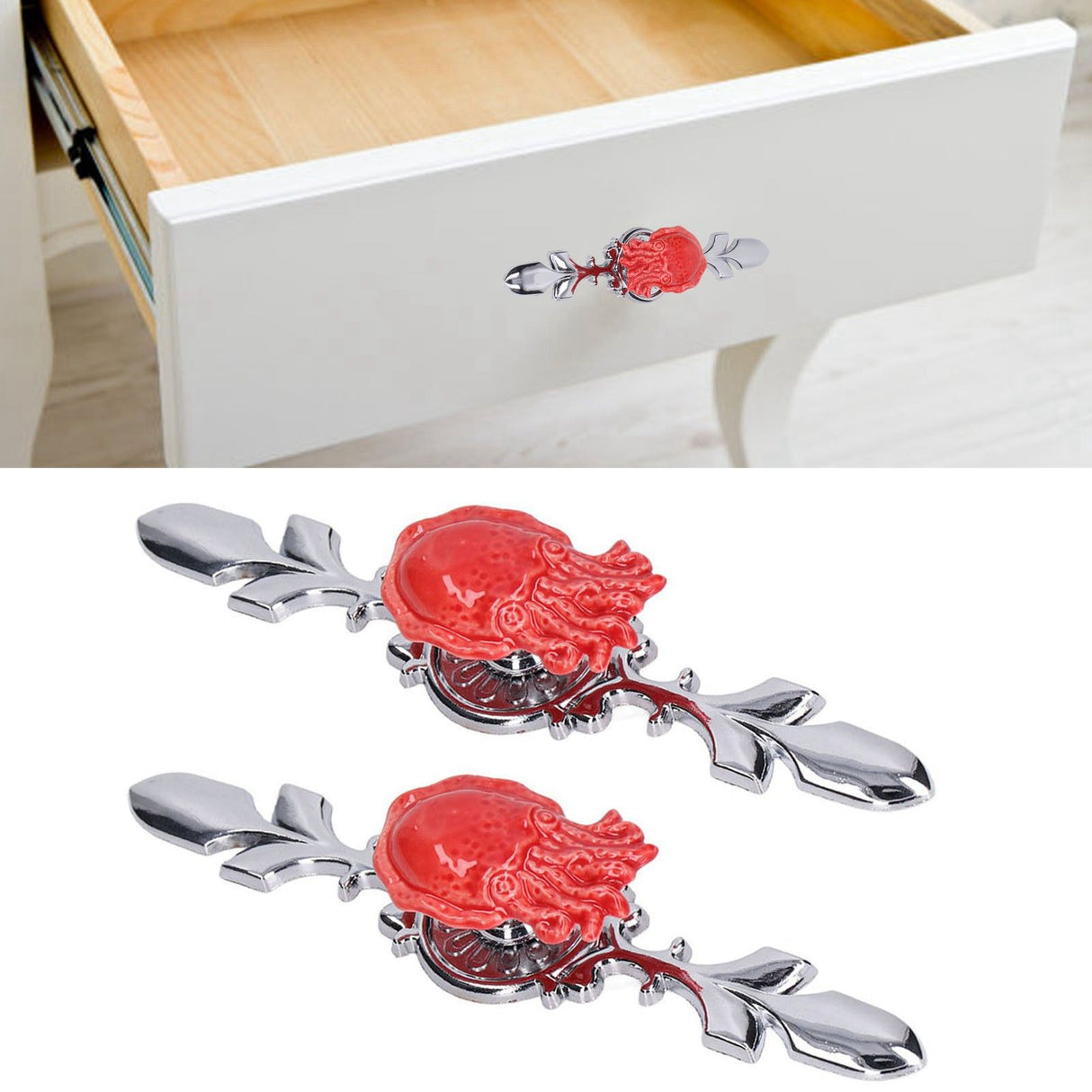 2Set Drawer Pull Knob Zinc Alloy Cabinet Wardrobe Closet Knob for Kitchen Furniture Decoration1077D Red Octopus