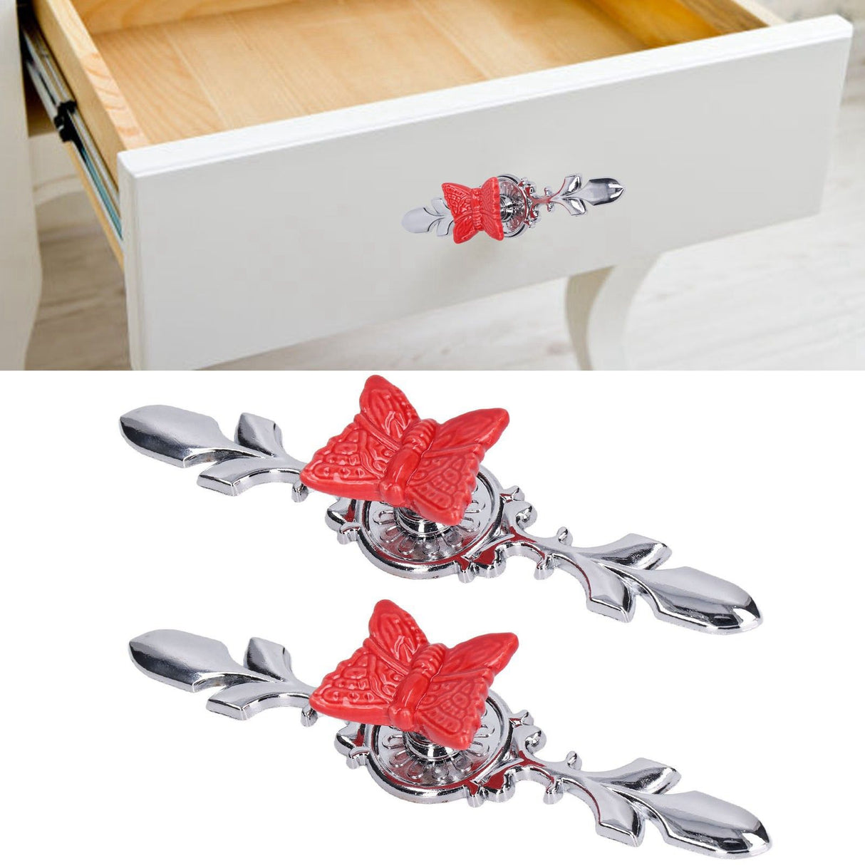 2Set Drawer Pull Knob Zinc Alloy Cabinet Wardrobe Closet Knob for Kitchen Furniture Decoration1077D Red Butterfly