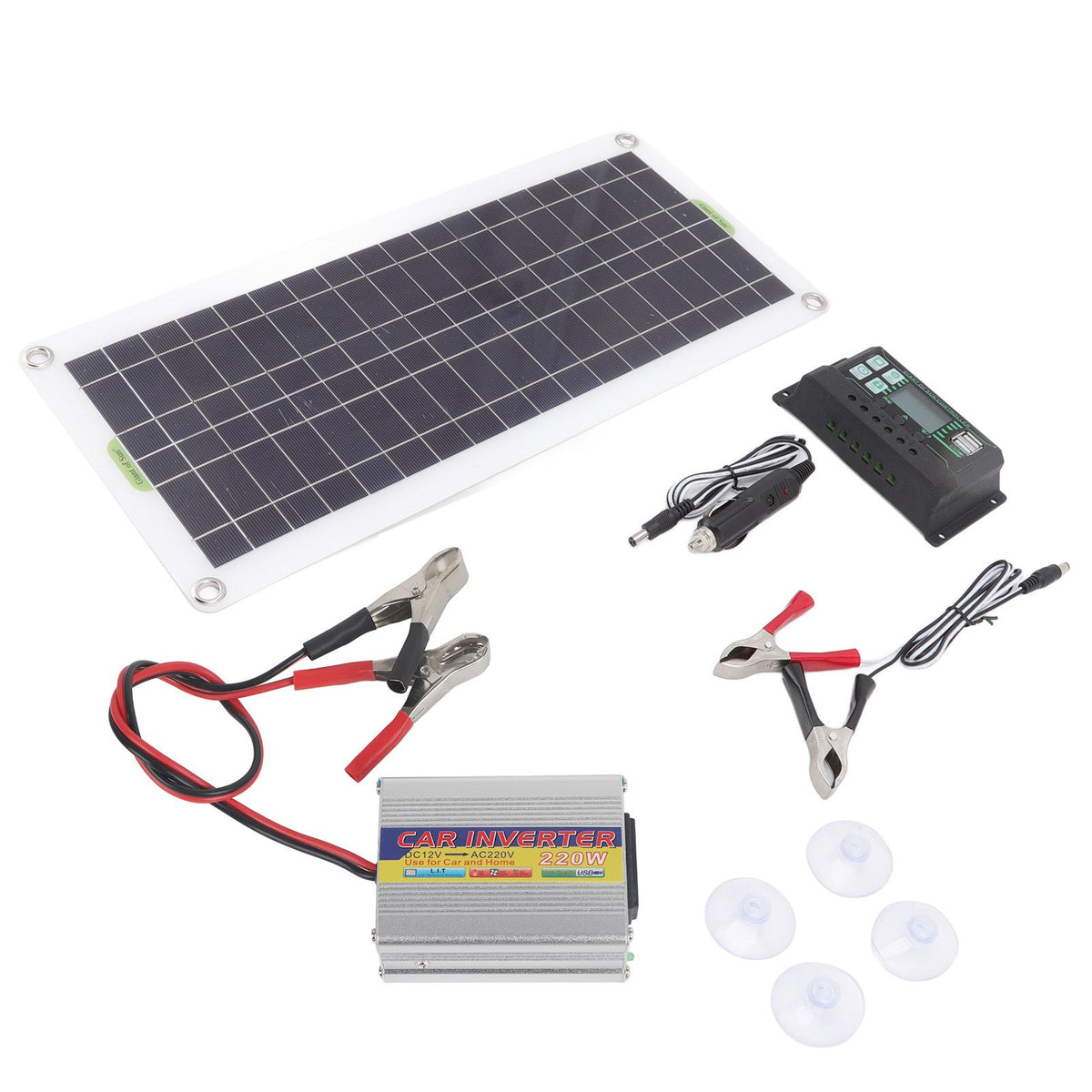 12V to 220V 30W Solar Charging Panel 220W Solar Inverter Battery Charger Kit for Camping Hiking 100A