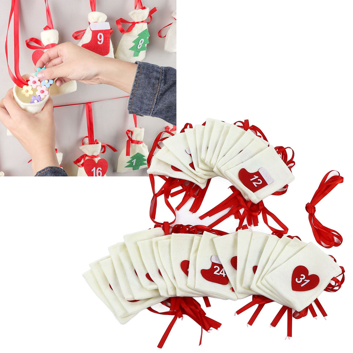 Christmas Advent Calendar Bags 31 Days Hanging Countdown Felt Gift Pockets for Party Festival Decoration
