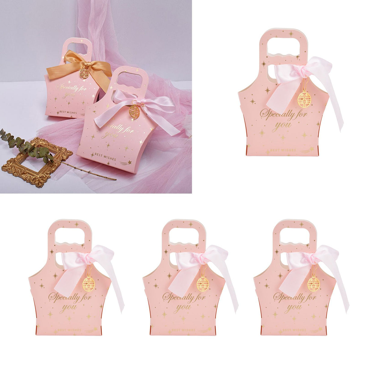50Set Innovative Candy Box Paper Candy Bags with Ribbons for Christmas Parties Birthdays WeddingsPink with Light Pink Ribbon