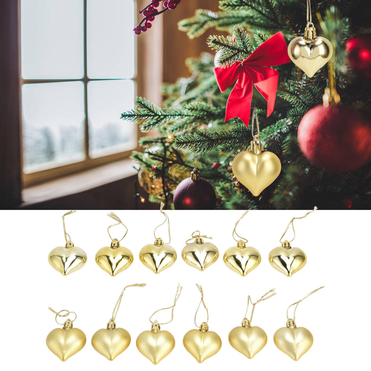 12pcs Christmas Ornament Heart Shape PVC Christmas Tree Hanging Decorations for Valentine's Day PartyGold