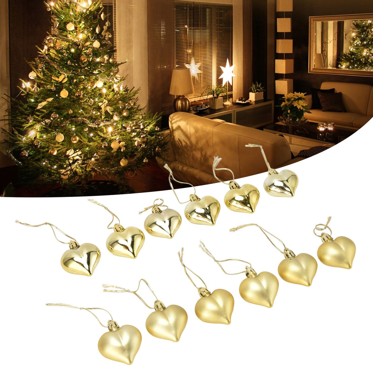 12pcs Christmas Ornament Heart Shape PVC Christmas Tree Hanging Decorations for Valentine's Day PartyGold