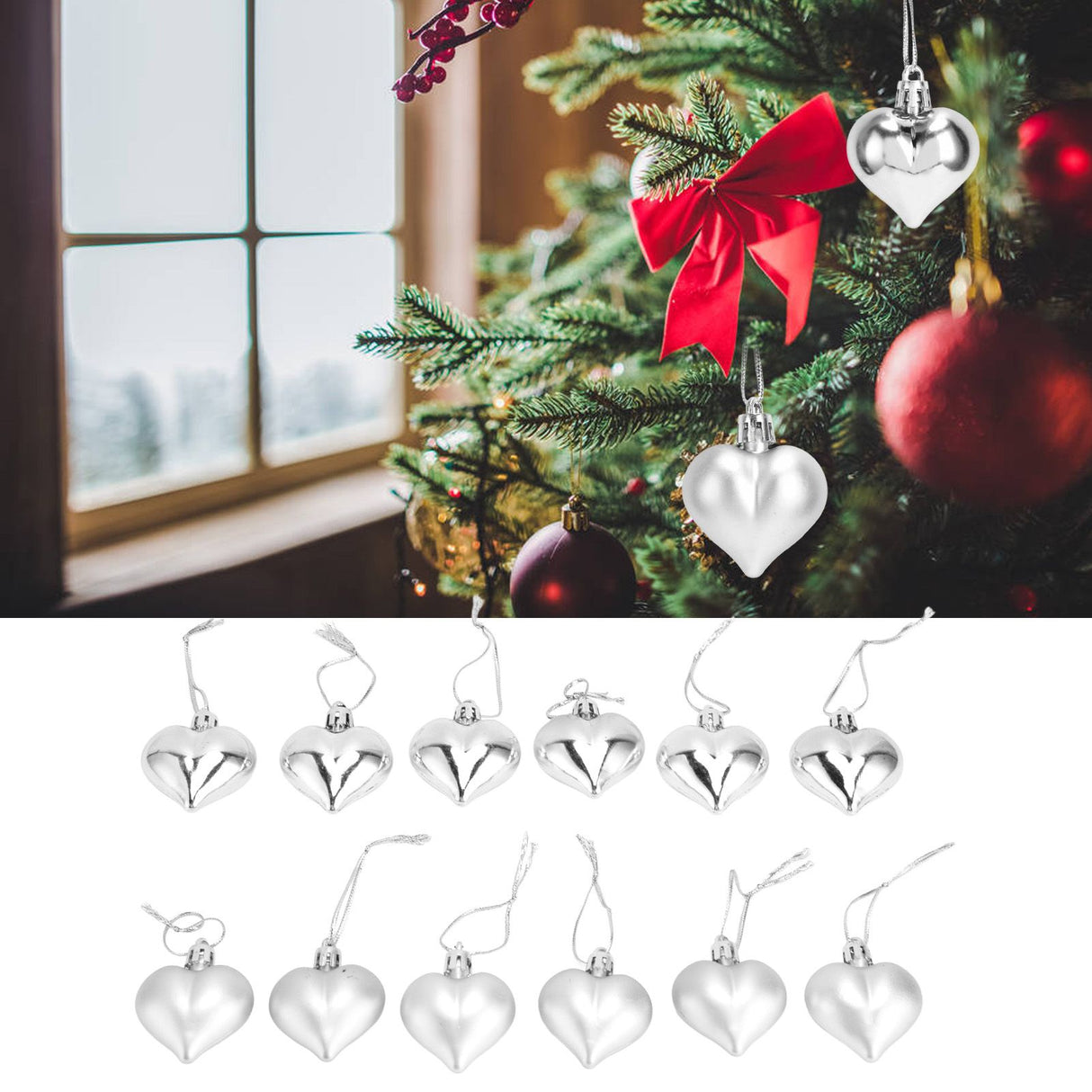 12pcs Christmas Ornament Heart Shape PVC Christmas Tree Hanging Decorations for Valentine's Day PartySilver