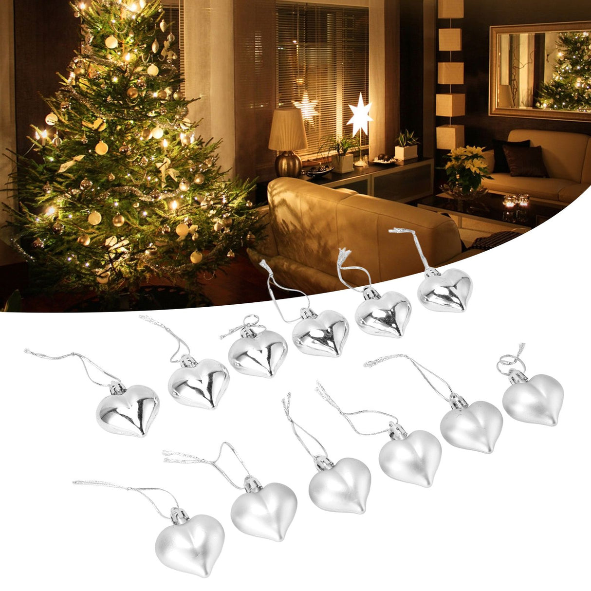 12pcs Christmas Ornament Heart Shape PVC Christmas Tree Hanging Decorations for Valentine's Day PartySilver