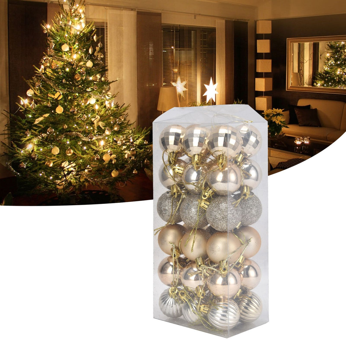 36Pcs Christmas Tree Ball Ornaments Shatterproof Hanging Decorations Xmas Pendant for Festival Holiday PartyGold