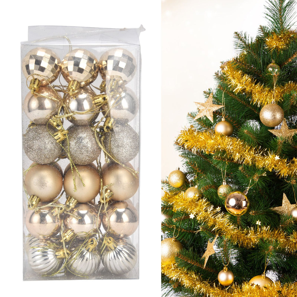 36Pcs Christmas Tree Ball Ornaments Shatterproof Hanging Decorations Xmas Pendant for Festival Holiday PartyGold