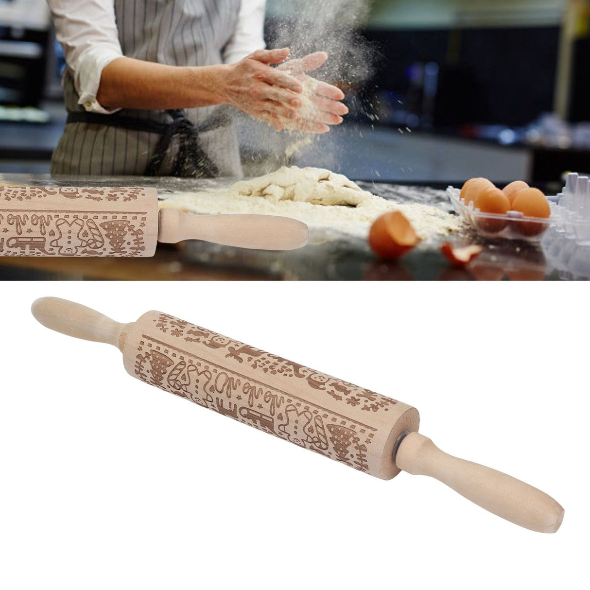 Rolling Pin Wooden Christmas Print Dough Roller Kitchen Tool for Pastries Pizza Biscuits Baking