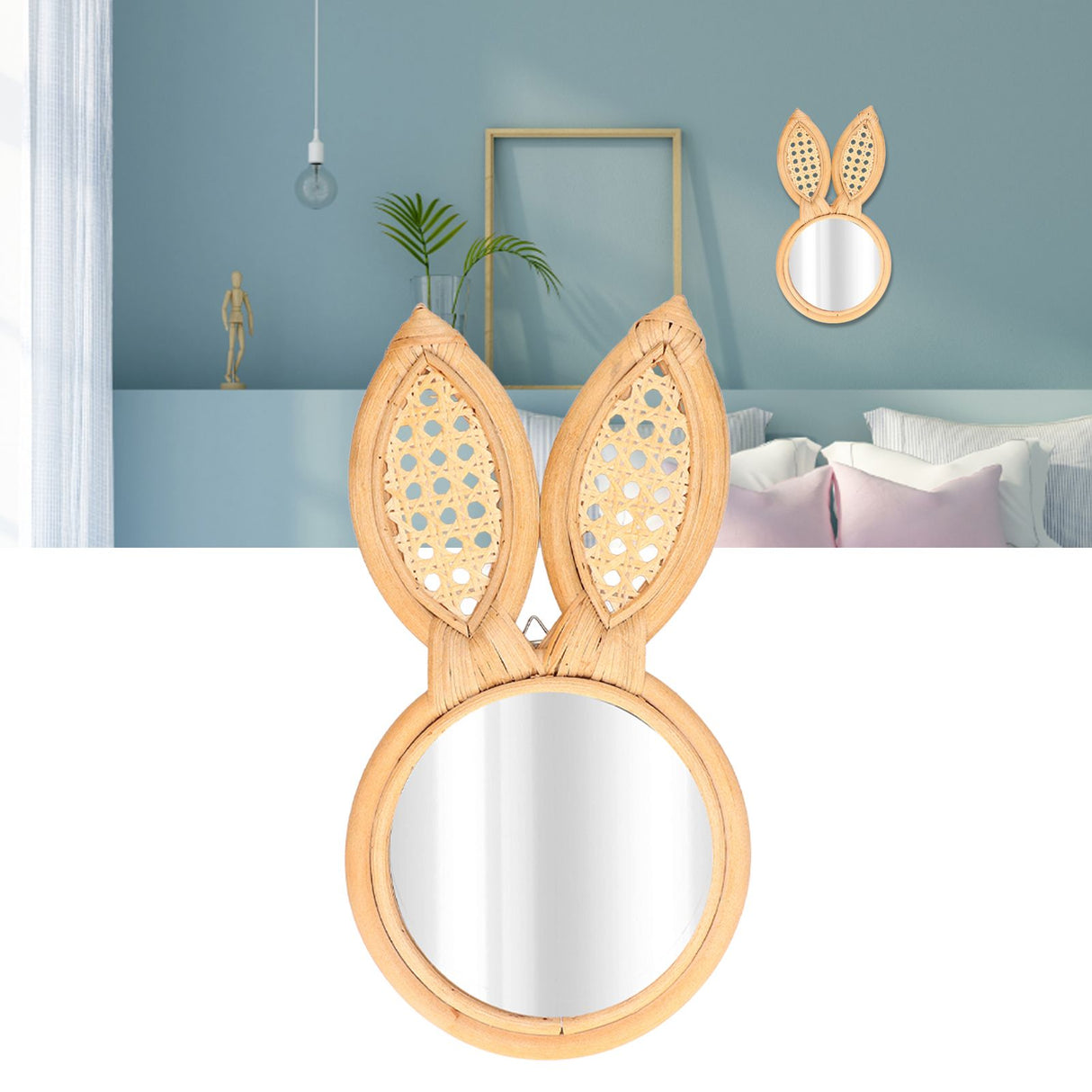 Decorative Mirror Cute Bunny Shape Exquisite Rattan Hanging Wall Mirror for Makeup Home Bedroom Decoration Gift