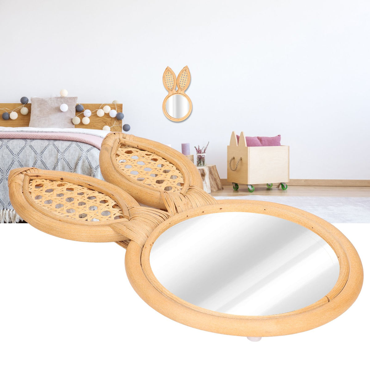 Decorative Mirror Cute Bunny Shape Exquisite Rattan Hanging Wall Mirror for Makeup Home Bedroom Decoration Gift