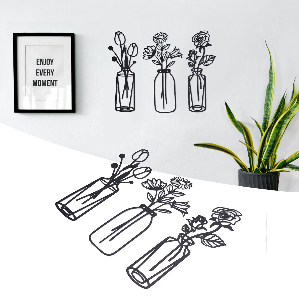 3Pcs Metal Vase Flowers Wall Art Elegant Prevent Rust Easy to Install Iron Flower Wall Art for Indoor Decoration