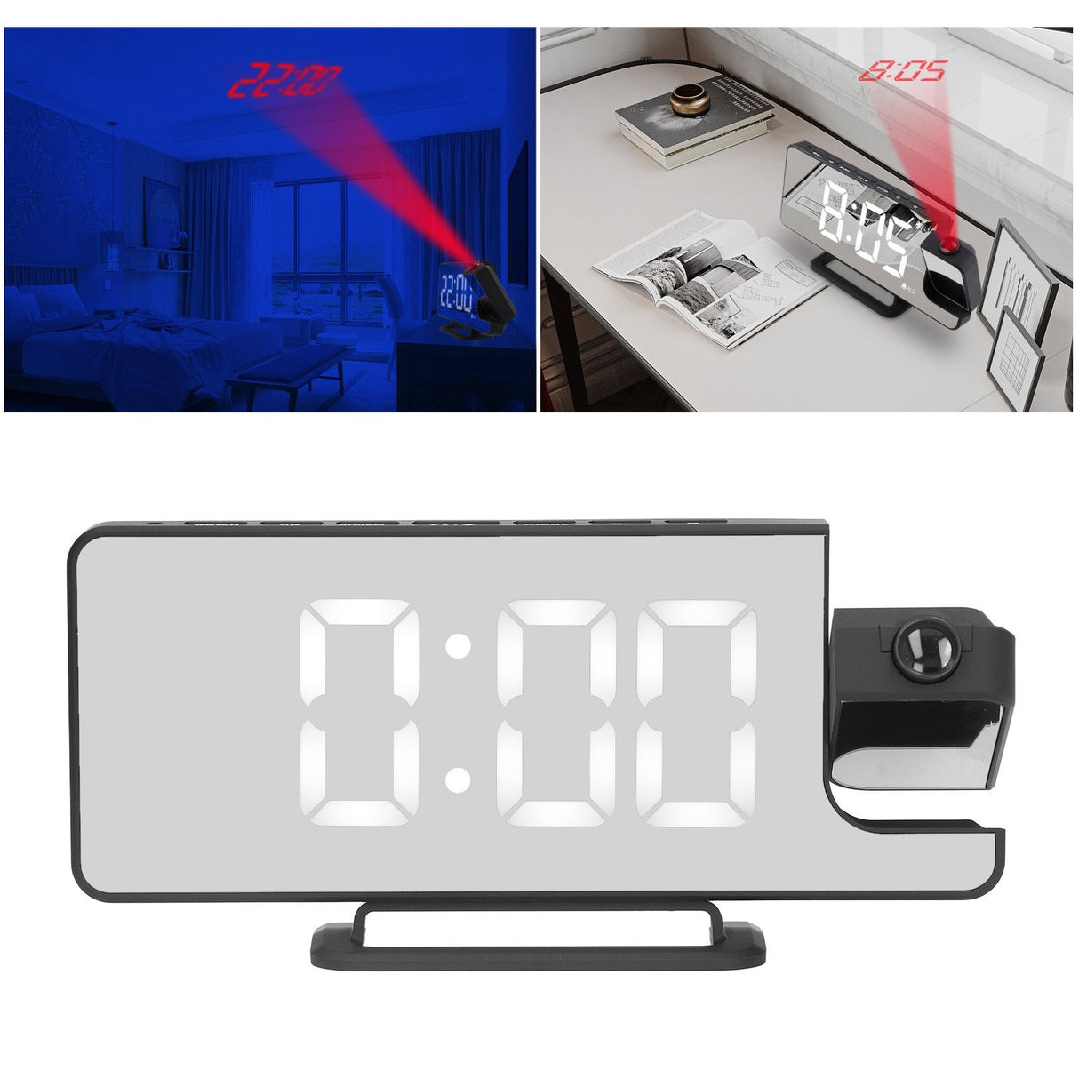 Projection Alarm Clock LED Digital Mirror Alarm Clock Rechargeable 6 Gear Brightness Bedside Clock
