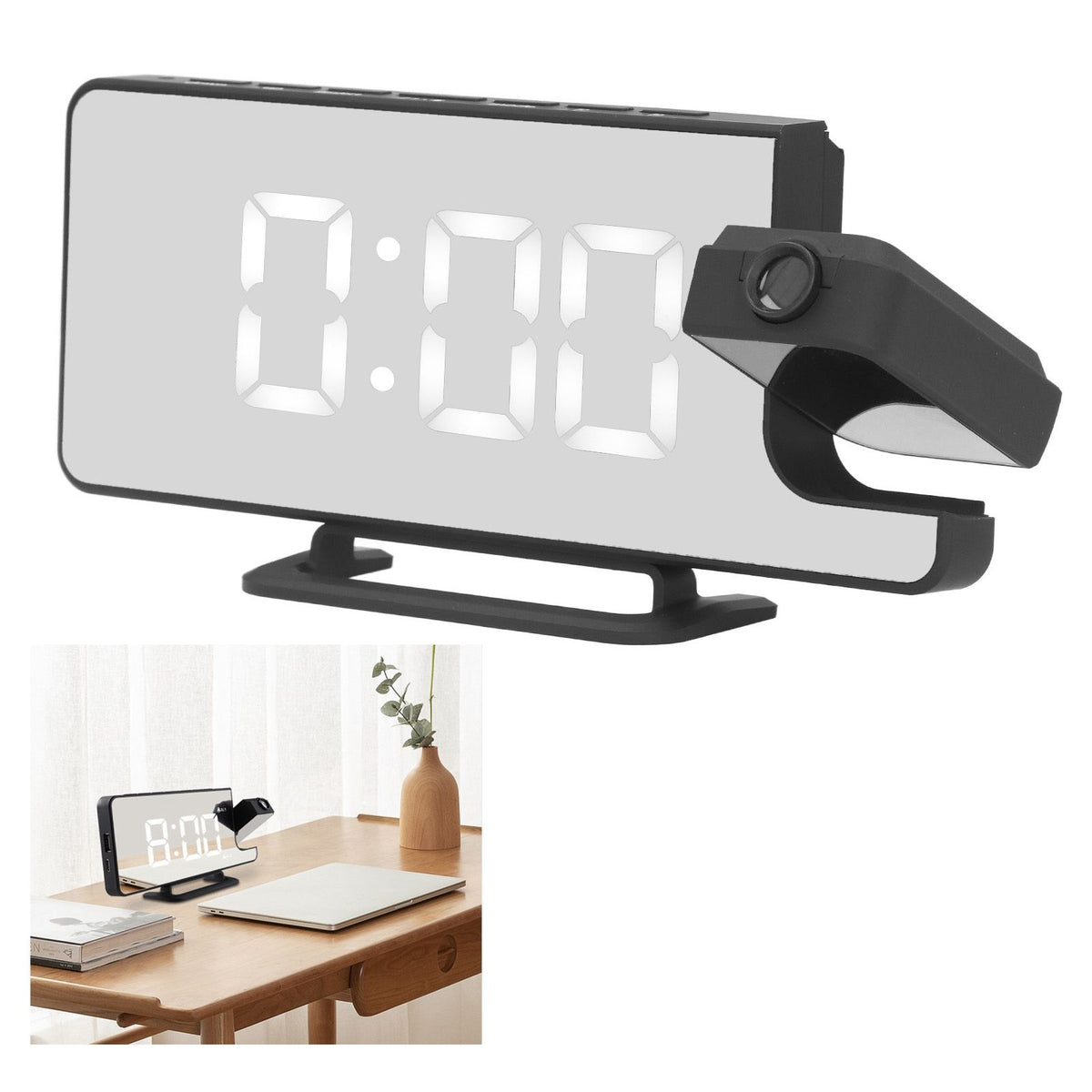 Projection Alarm Clock LED Digital Mirror Alarm Clock Rechargeable 6 Gear Brightness Bedside Clock