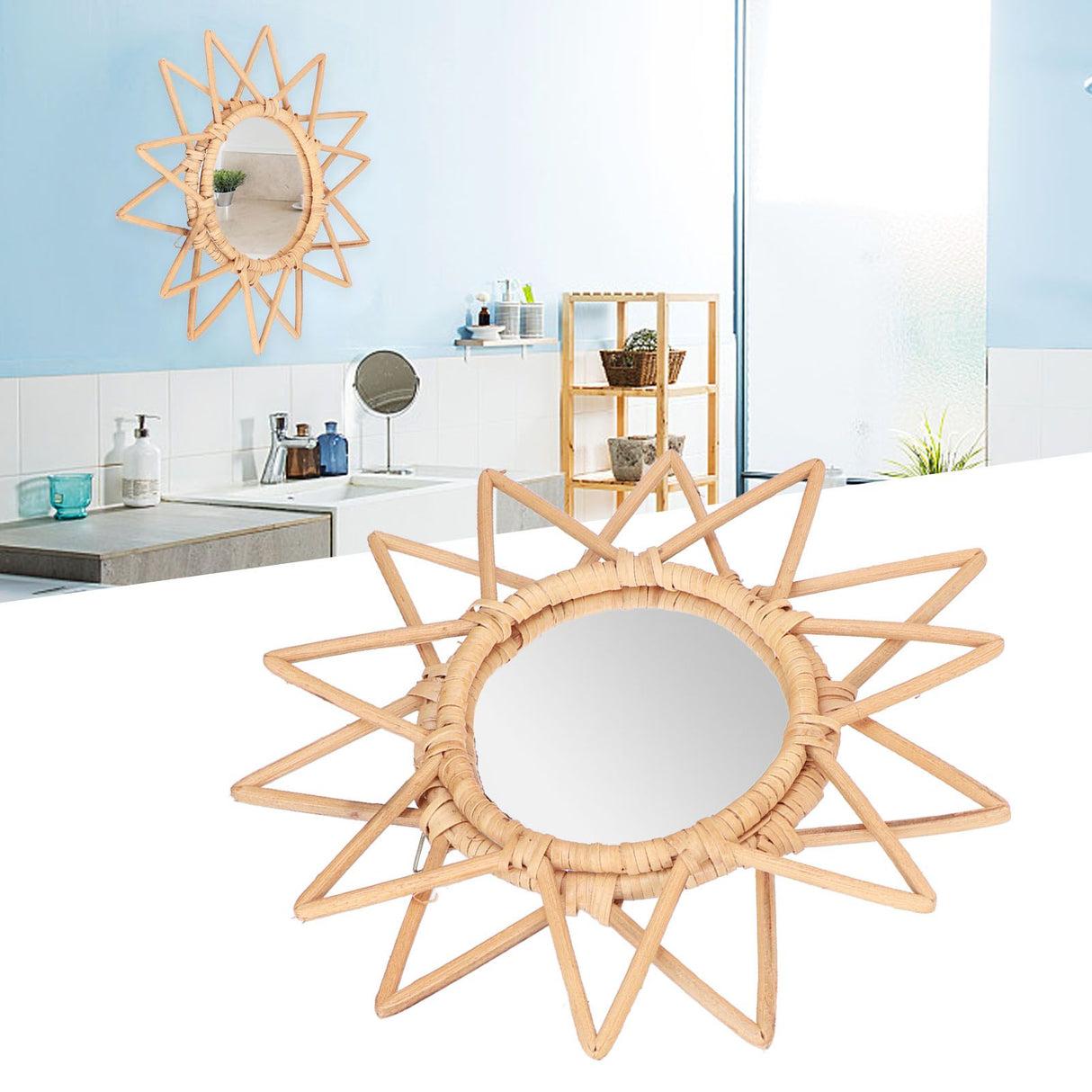 Rattan Innovative Art Decoration Makeup Mirror Retro Dressing Bathroom Wall Hanging MirrorStar