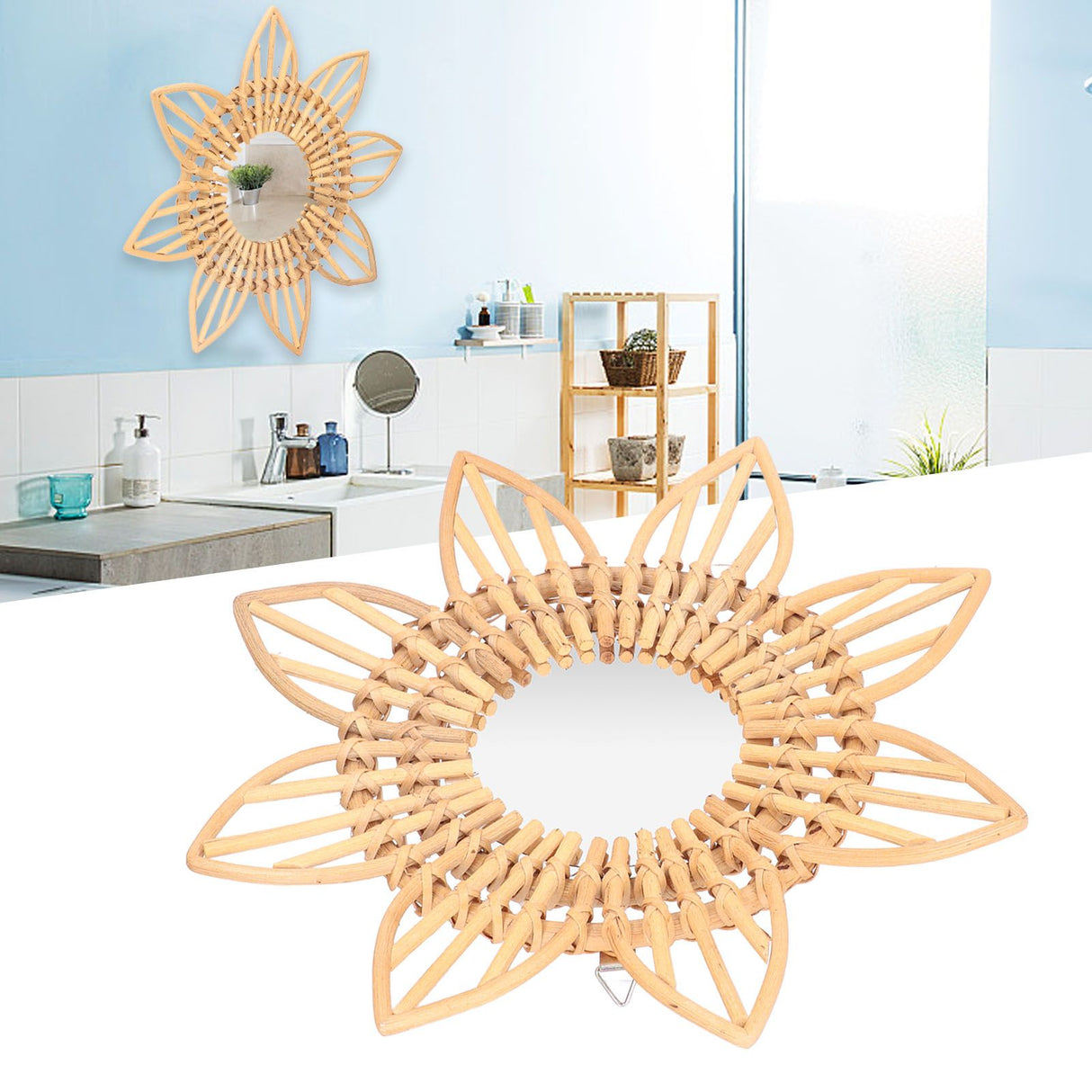 Rattan Innovative Art Decoration Makeup Mirror Retro Dressing Bathroom Wall Hanging MirrorFlower