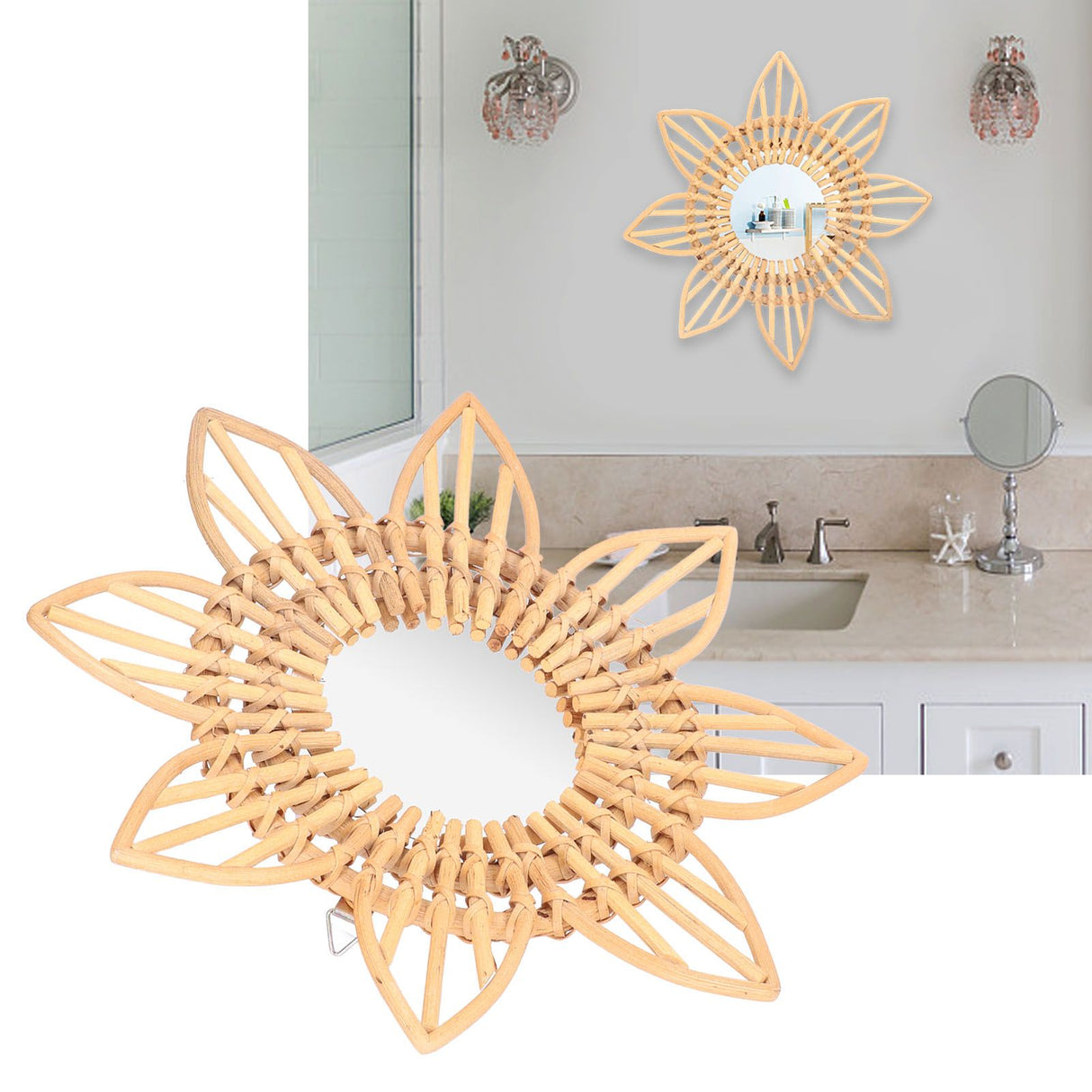 Rattan Innovative Art Decoration Makeup Mirror Retro Dressing Bathroom Wall Hanging MirrorFlower