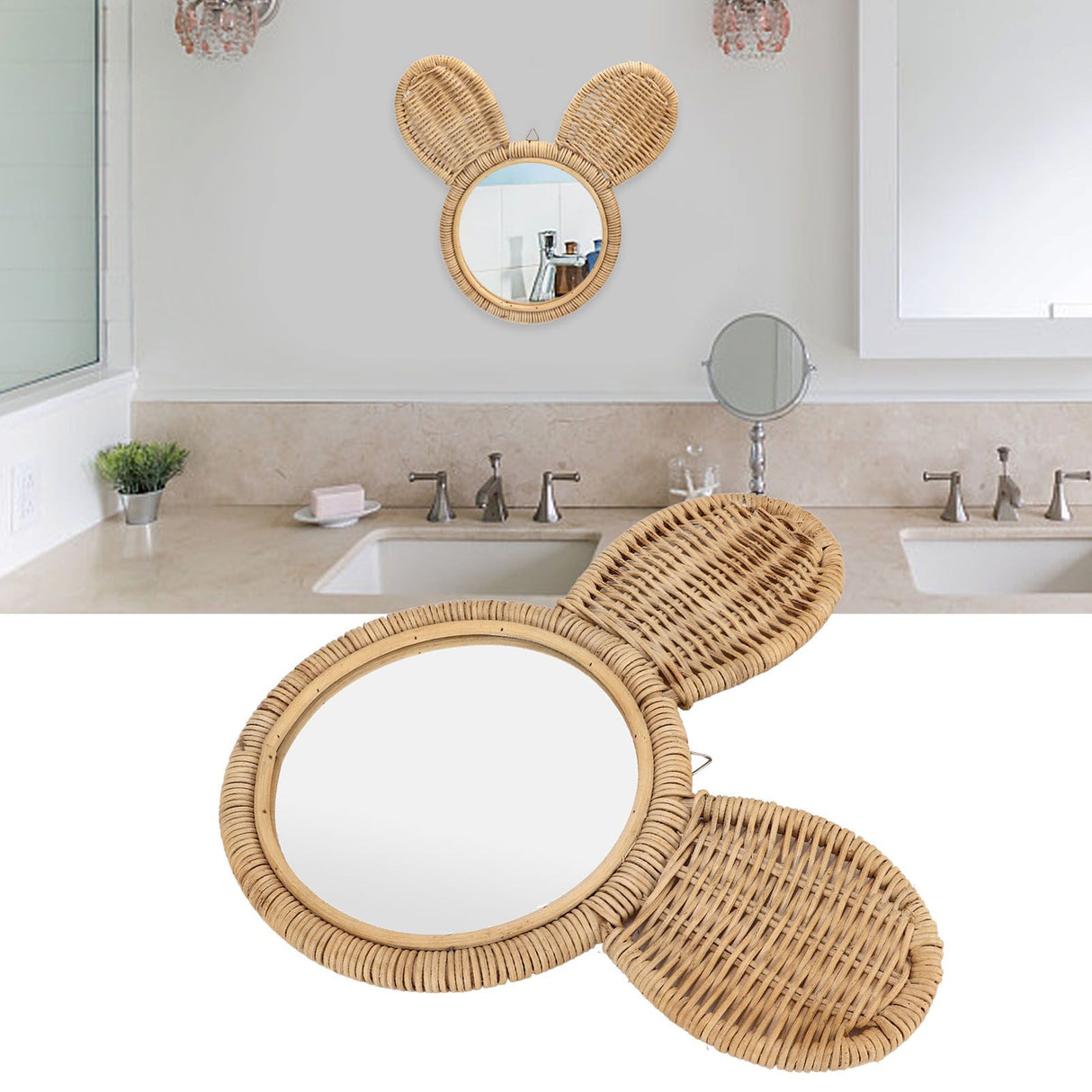 Hanging Mirror High Definition Rattan Mirror Wall Decorative Makeup Mirror for Bathroom Hotel