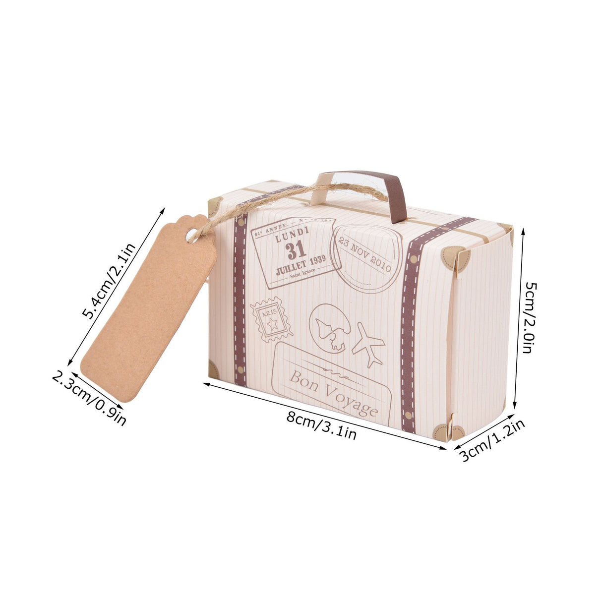 50 Sets Travel Themed Suitcase Shape Candy Boxes Party Favor Candy Box Vintage Kraft Paper Gift Bag for Wedding Birthday
