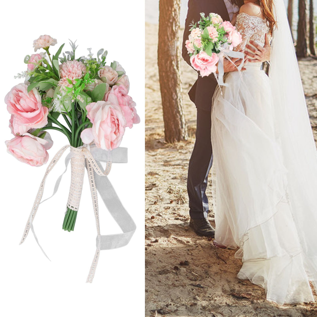 Wedding Bouquet Fake Rose Flower Holding Bunch for Decoration Photography Art Photo Pink
