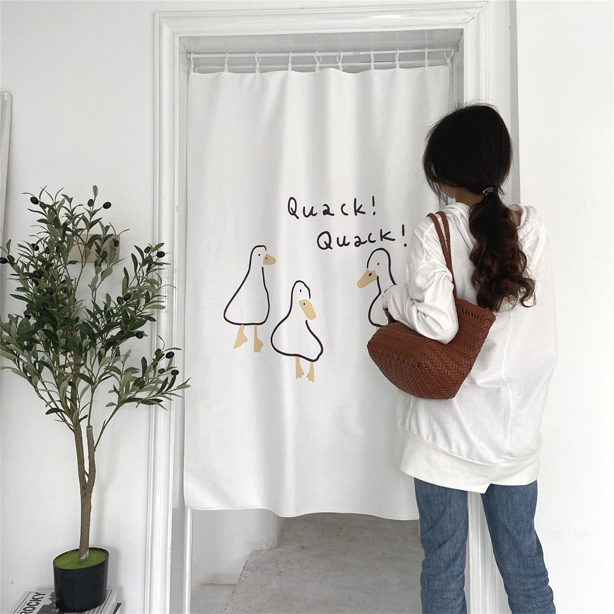 Door Curtain Cute Decorative Cartoon Doorway Divider Cloth for Bedroom Closet Dormitory Kitchen Little White Duck