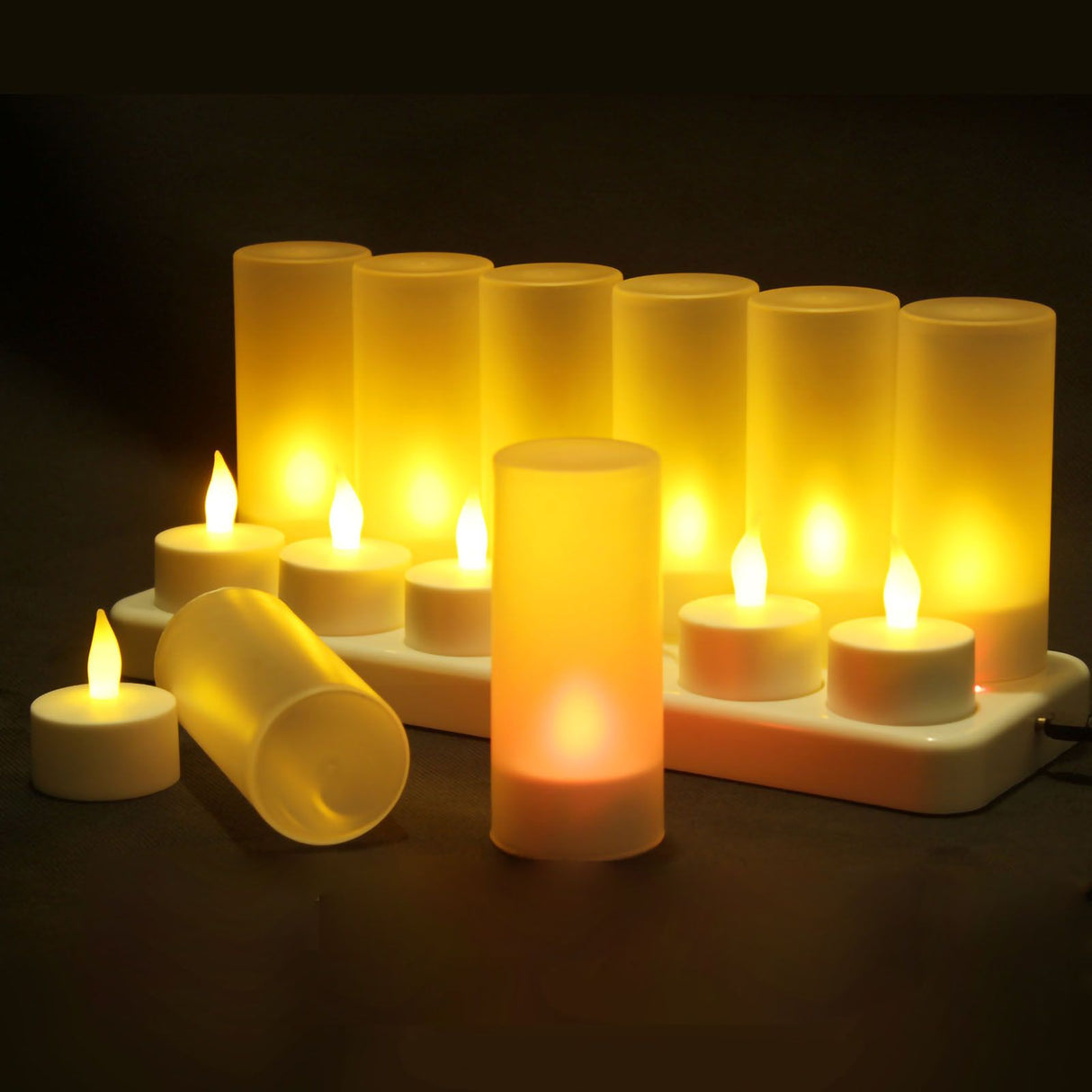 LED Candles Light Rechargeable Lifelike Decorative Electronic Candles for Party Wedding Living Room 12 Mounts with Cups, Yellow Light Flashing