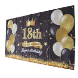 Happy 18th Birthday Backdrop Black Gold 180x99cm Reusable Happy Birthday Decorations with 4 Grommets