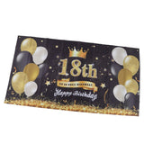 Happy 18th Birthday Backdrop Black Gold 180x99cm Reusable Happy Birthday Decorations with 4 Grommets - Low Angle