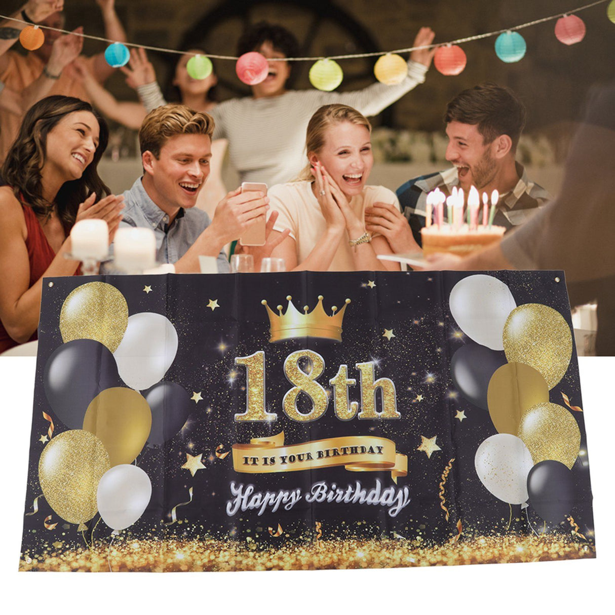Happy 18th Birthday Backdrop Black Gold 180x99cm Reusable Happy Birthday Decorations with 4 Grommets