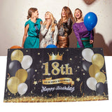 Happy 18th Birthday Backdrop Black Gold 180x99cm Reusable Happy Birthday Decorations with 4 Grommets - Extra Image