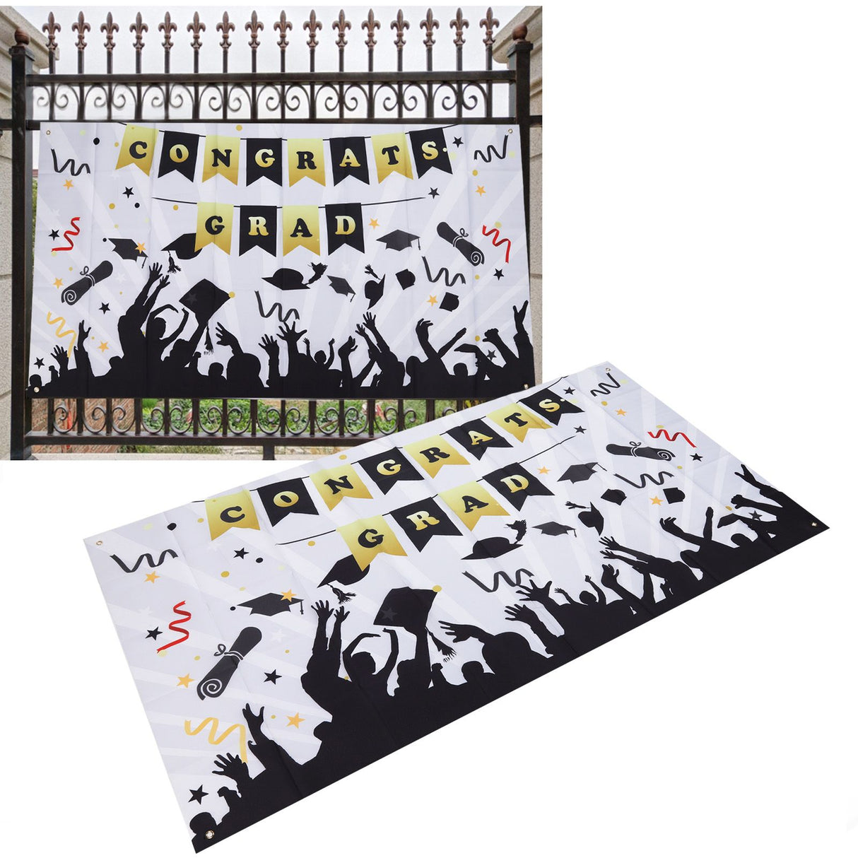 Graduation Banner Approx 71x38in Durable Polyester Fabric Fadeless Color 4 Eyelets Congrats Grad Banner for Graduation 005