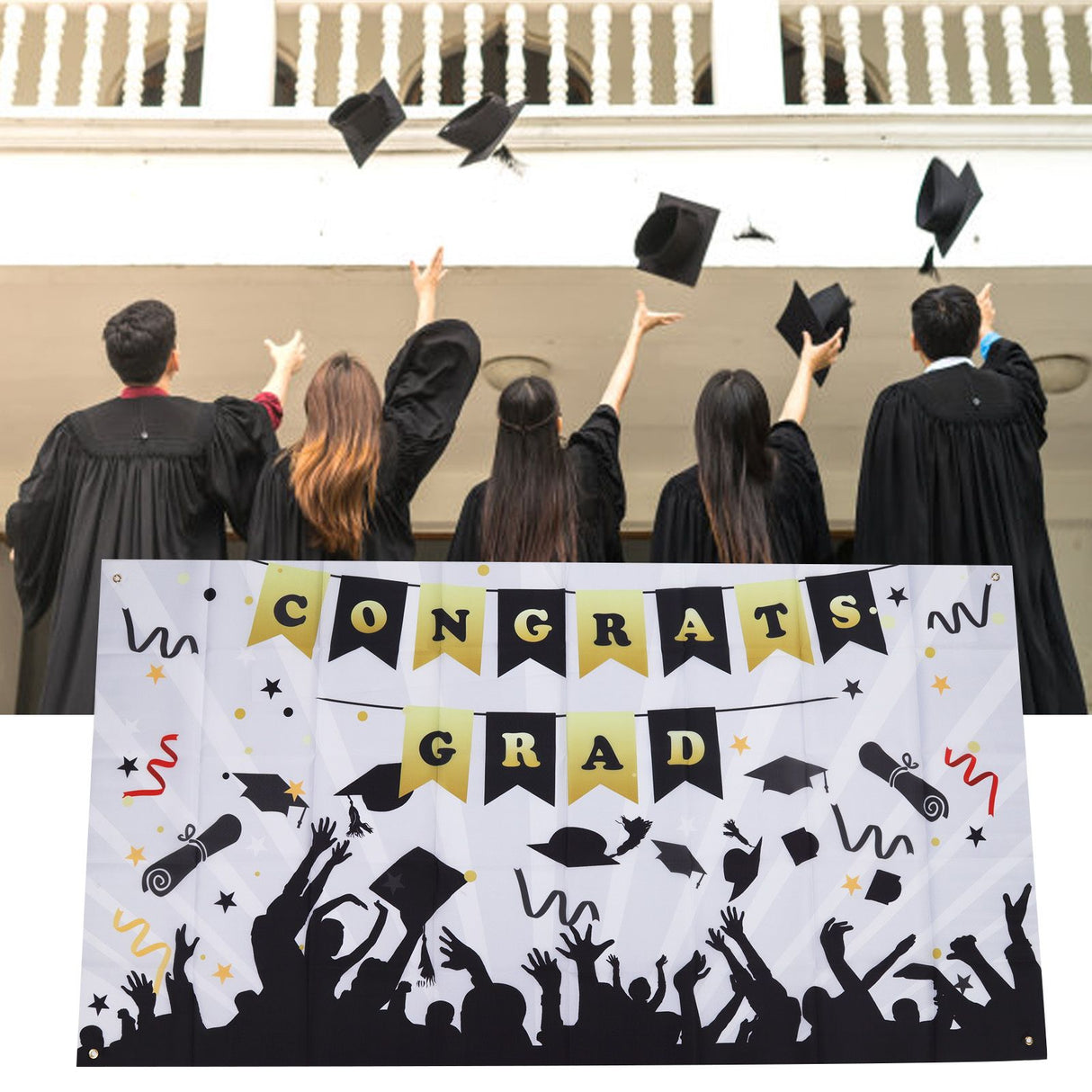 Graduation Banner Approx 71x38in Durable Polyester Fabric Fadeless Color 4 Eyelets Congrats Grad Banner for Graduation 005