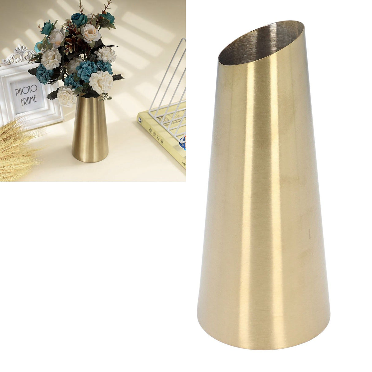 Gold Vase 304 Stainless Steel Conic Shape Narrow Mouth Simple Modern Style Desk Vase for Home Office Dormitory