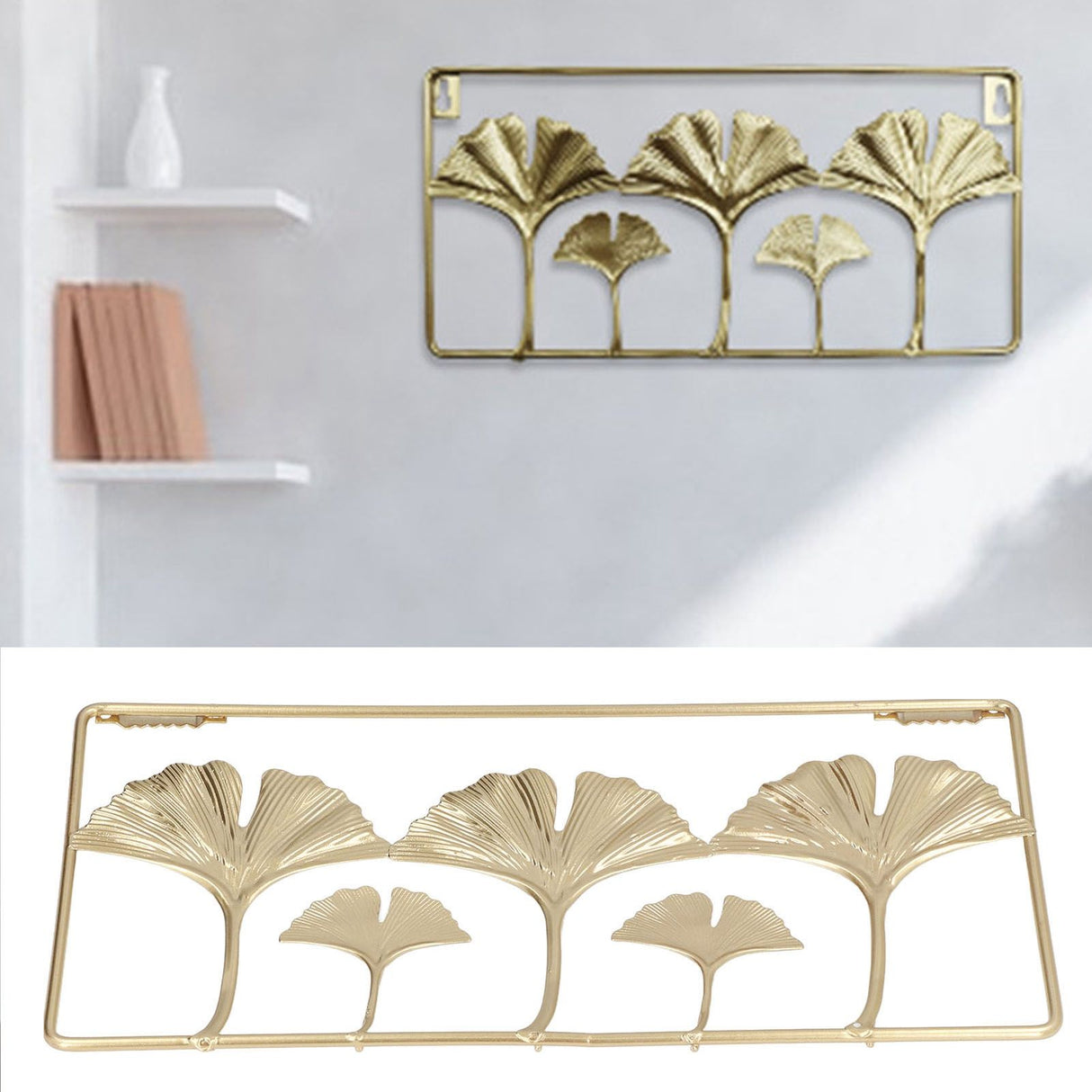 2Pcs Gold Metal Leaf Wall Decor 3D Modern Simple Clear Texture Metal Leaf Hanging Decoration with Frame for Home Office