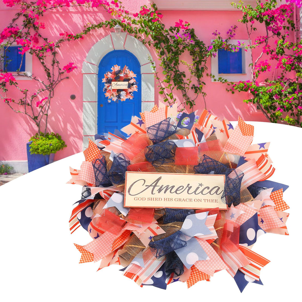 Independence Day Wreath Hand Knitted Wall Hanging Pendant with Hemp Rope for Home Decoration