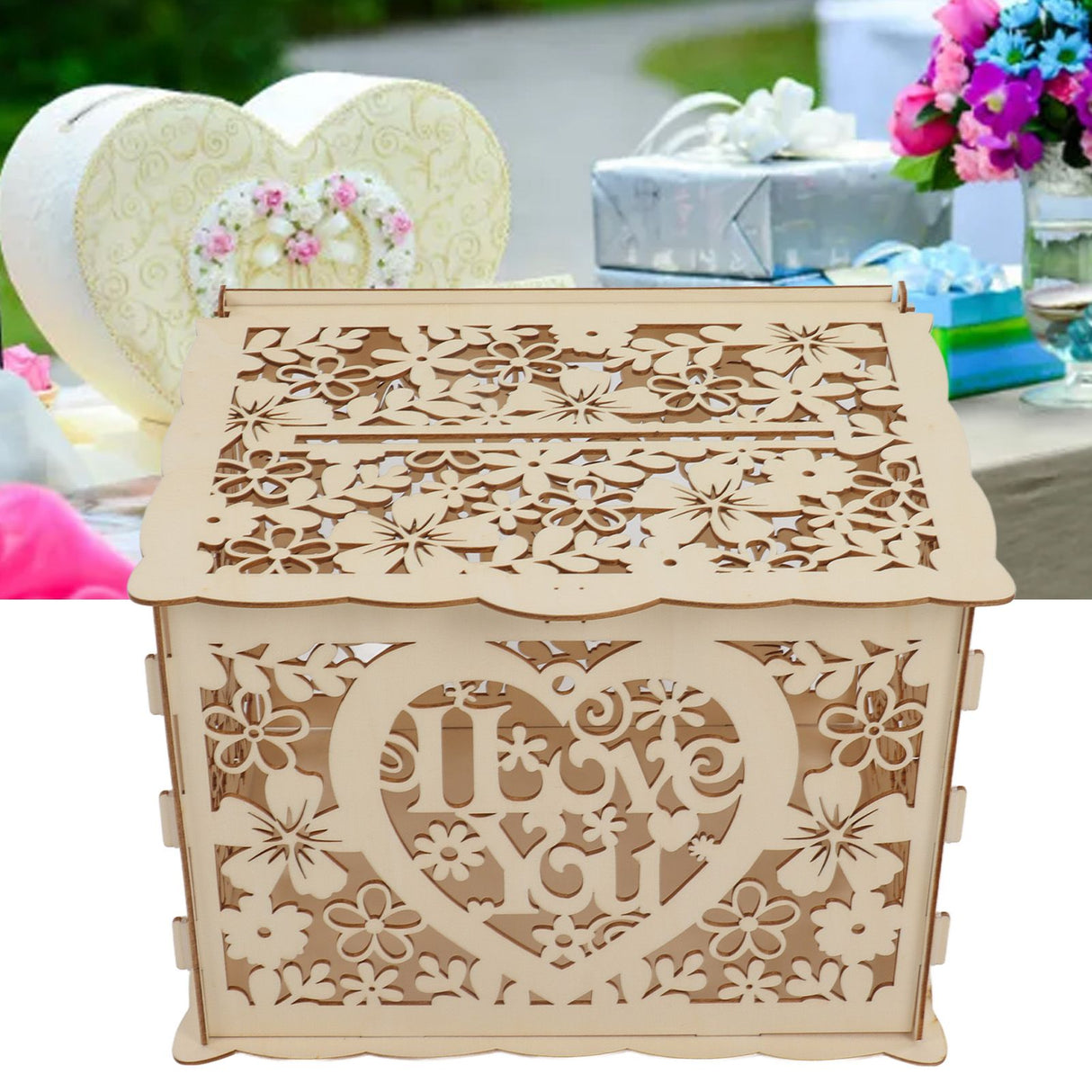 DIY Hollow Wooden Box Gift Card Money Case Wedding Reception Decoration Box Easy Assembly JM01192 Large