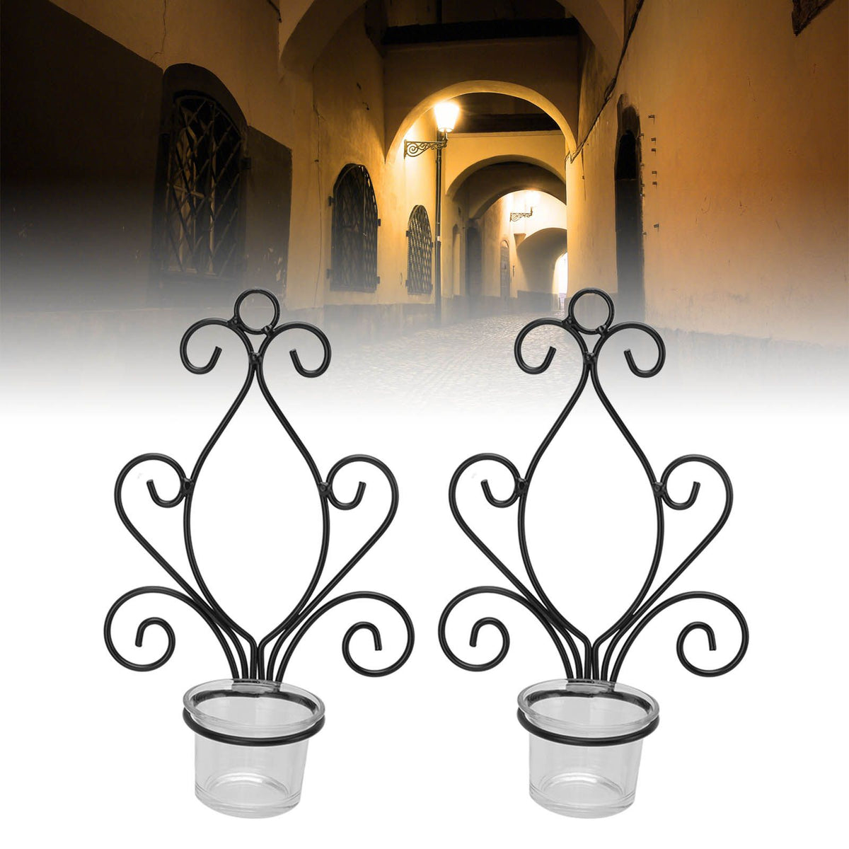 2 Set Candle Holder Wall Sconce European Style Swirl Iron Art Pattern Wall Mounted Candle Holder with Tray for Bedroom