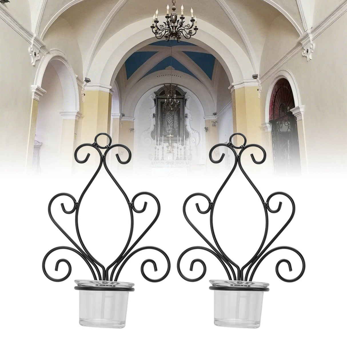 2 Set Candle Holder Wall Sconce European Style Swirl Iron Art Pattern Wall Mounted Candle Holder with Tray for Bedroom