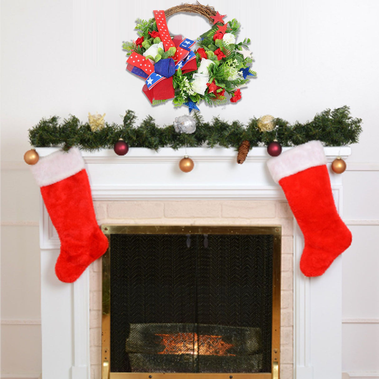 4th of July Patriotic Wreath Independence Day Wreath Decorations for Front Door Fireplace