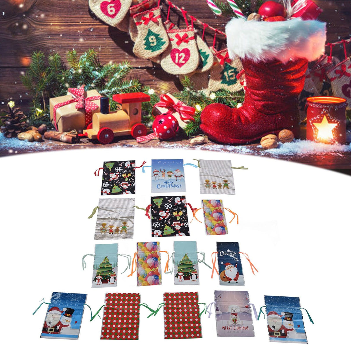 15 Pcs Christmas Drawstring Gift Bags Drawstring Packing Pouches Favors Bags for Christmas Festival Party