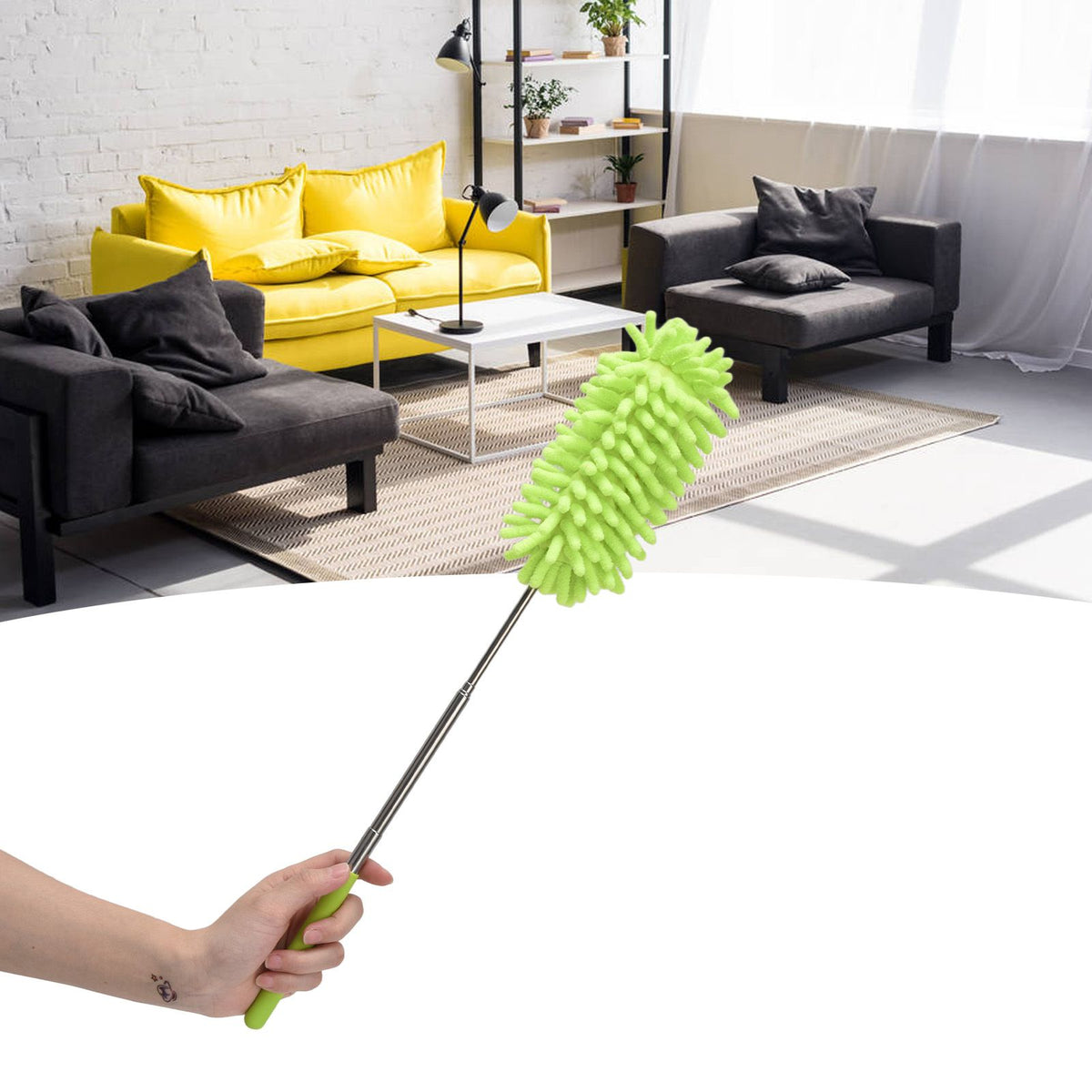 Telescopic Duster Handheld Dust Remover Stainless Steel for Floor Desk Cabinet Cupboard Cleaning Green