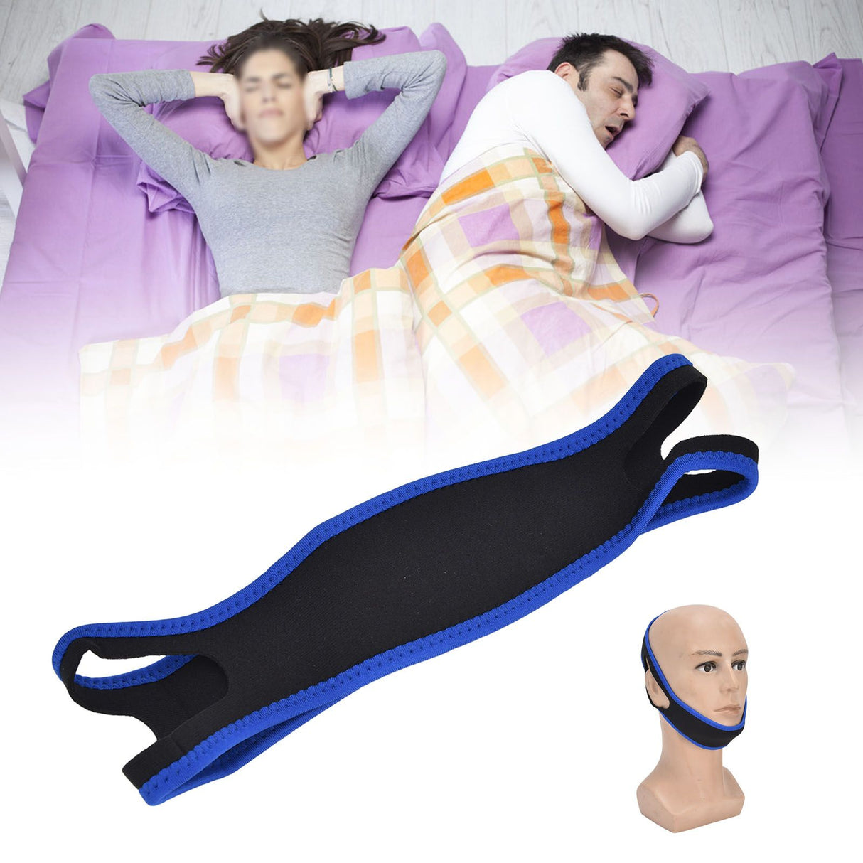 Snoring Stop Belt Adjustable Chin Strap Breathable Nylon Snoring Head Band for Men WomenBlue Black