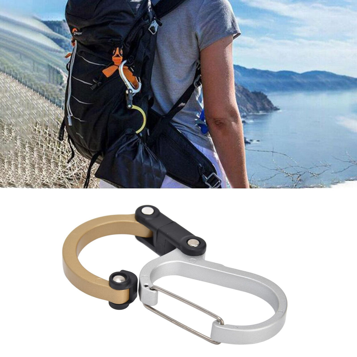 D Type Carabiner Multifunctional Aluminum Alloy Portable Stroller Carabiner for Traveling Camping HikingGold