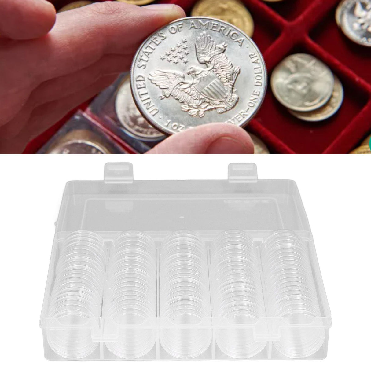 Coin Holder 100 Pieces Storage Plastic Transparent Coin Storage Box with Coin Capsules for Coin Collection Exhibition
