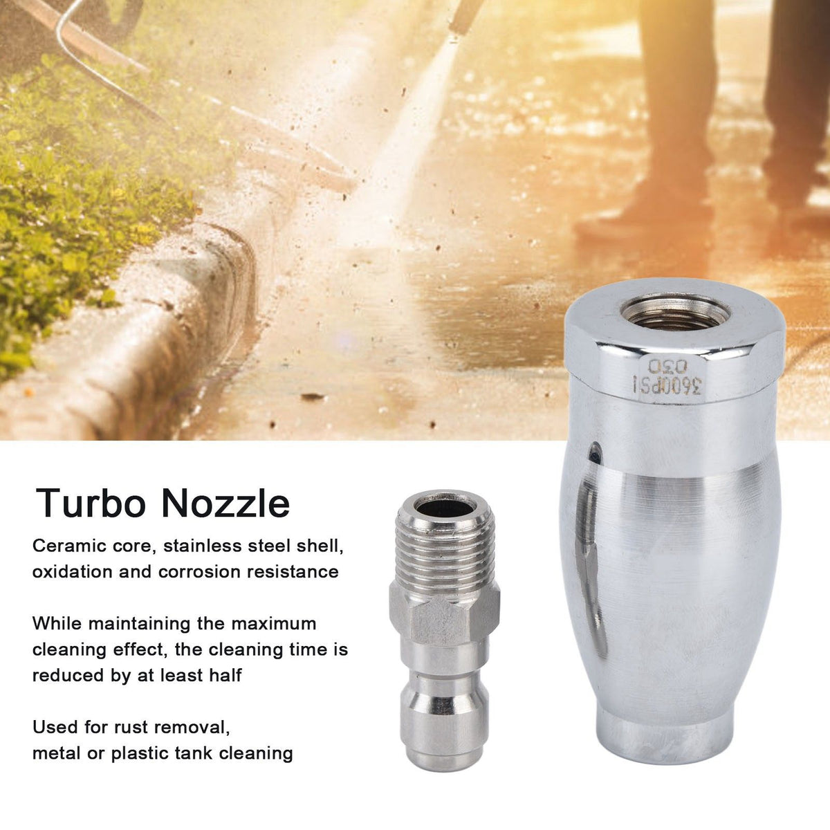 High Pressure Washer 3600PSI Rotating Turbo Nozzle with 1/4in Quick Connect Plug Stainless Steel Rotating Nozzle