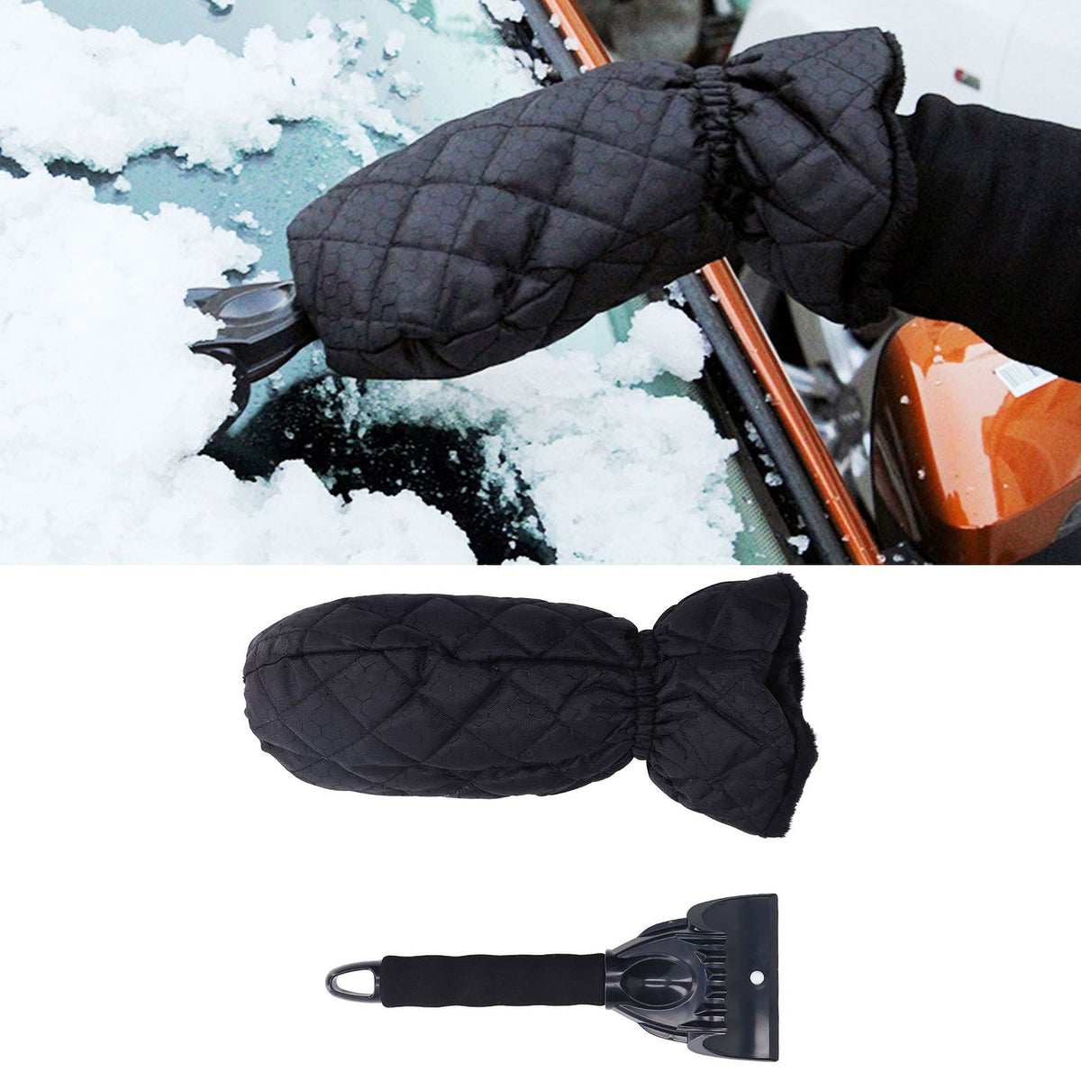 Waterproof Ice Scraper Mitt 2 in 1 Design Elastic Band Design Easy to Hold Convenient Cold Proof Car Snow Scraper GloveBlack