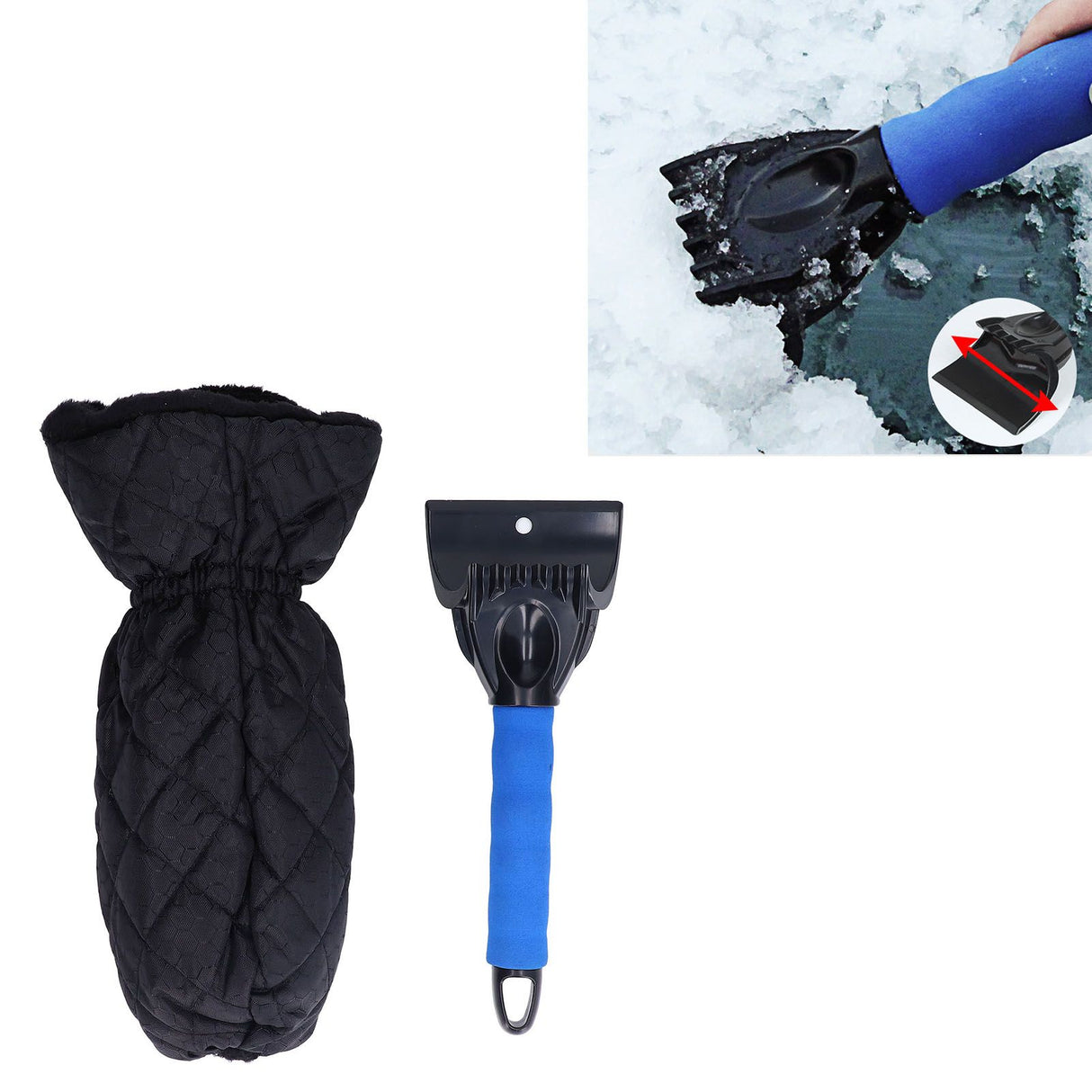 Waterproof Ice Scraper Mitt 2 in 1 Design Elastic Band Design Easy to Hold Convenient Cold Proof Car Snow Scraper GloveBlue