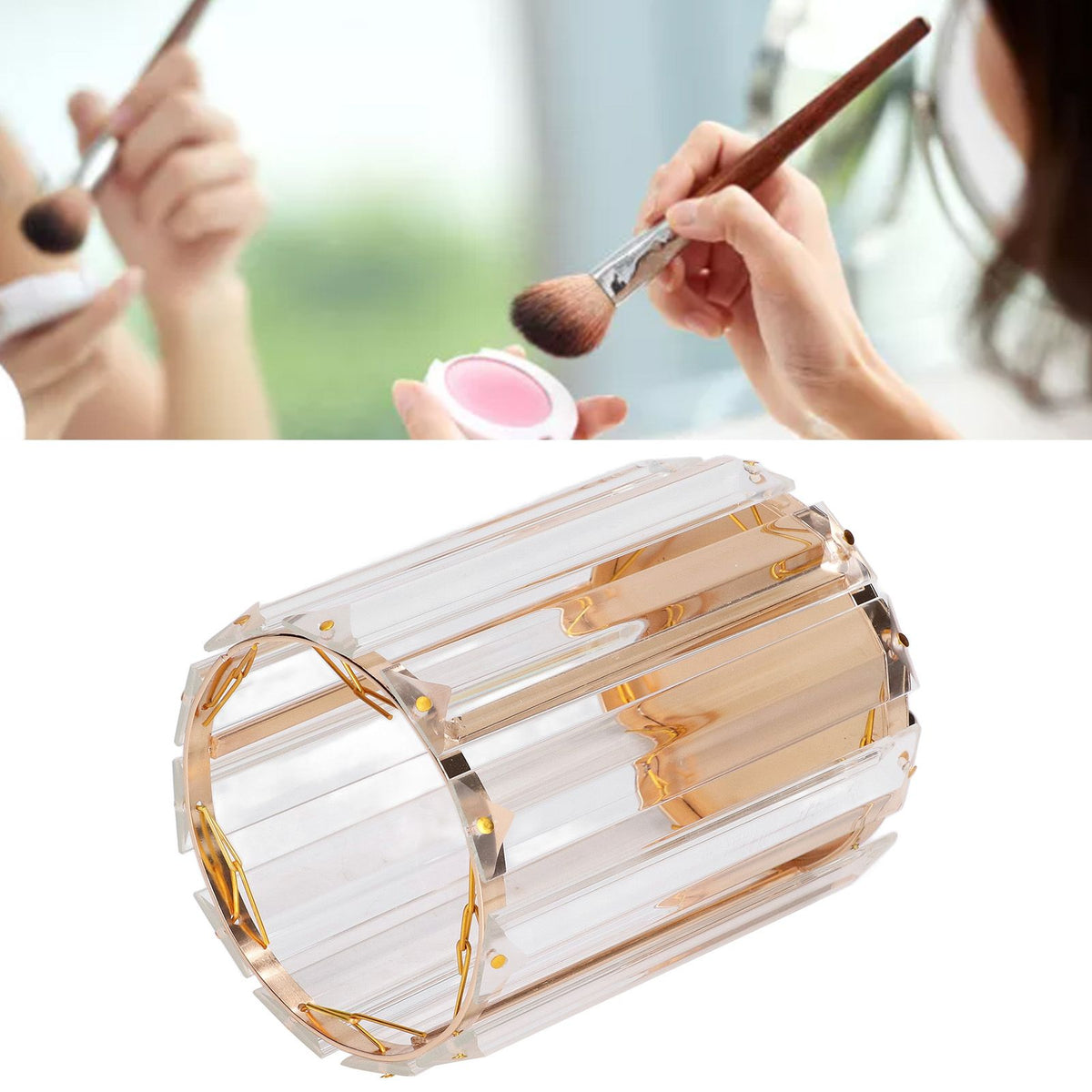 Cosmetic Brush Holder Transparent Glass Round Decorative Desktop Pen Storage Organizer BoxGold